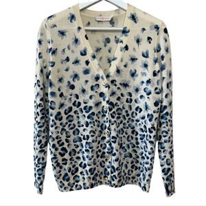 Tory Burch Merino Wool Cardigan Sweater Floral Animal Print Blue Cream XS